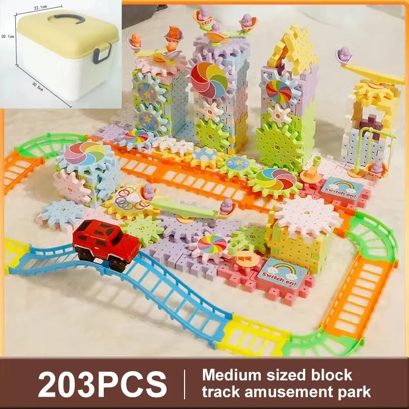 Electric Track Gears Building Blocks Puzzle Toy Model Plastic Kid House Educational Construction Toys for Children Birthday Gift