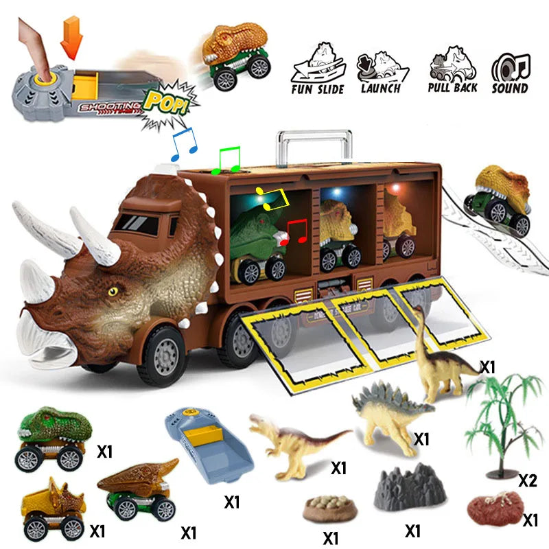 Dinosaur Transport Toy Truck Pull Back Vehicles Dino Container Storage Car Model Lighting Music Kids Boys Children Birthday Gift