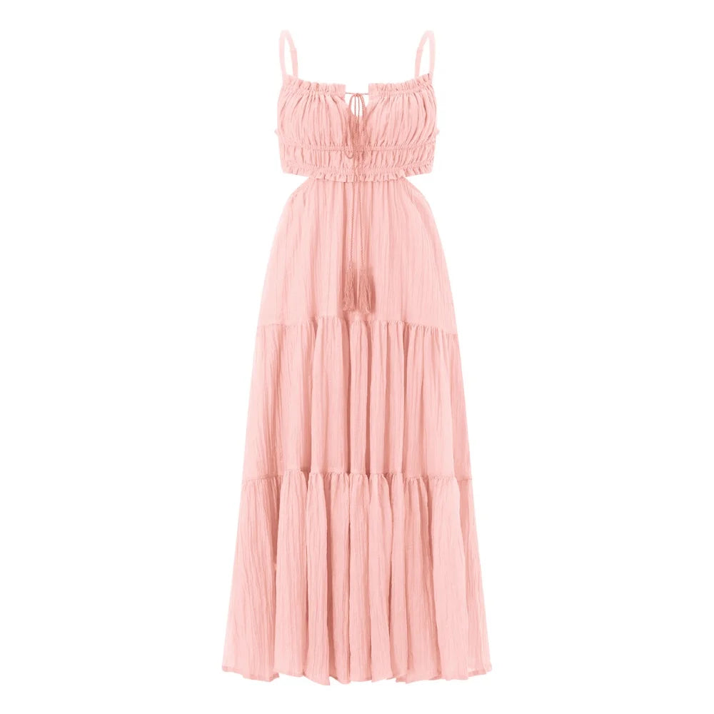 2024 Summer Women Flowy Long Dress Spaghetti Strap Cut Out Backless Ruffle A-Line Dress Bohemian Party Holiday Casual Sundress