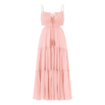 2024 Summer Women Flowy Long Dress Spaghetti Strap Cut Out Backless Ruffle A-Line Dress Bohemian Party Holiday Casual Sundress