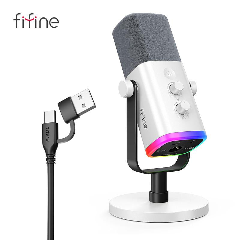 FIFINE AM8 XLR/USB Gaming Microphone for Podcast Recording, Dynamic RGB Mic with Quick Mute, Headphone Jack, Gain Knob, Volume Control, Desktop Mic for PC Gamer, XLR Mic for Audio Interface Mixer, for Smartphone