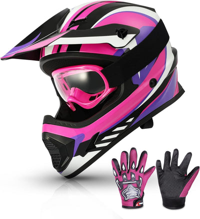 Dot Youth Kids ATV Motorcycle Helmets Full-Face Kids Helmet with Adjustable Chin Strap for Boys and Girls Kids Dirt Bike BMX Cycling W/Goggles+Gloves
