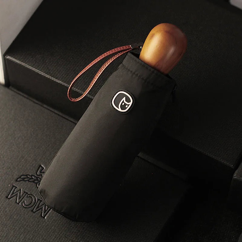 -Compact Pocket Mini Umbrella, Wood Handle, Windproof, UV Folding, Women, Kids, Men