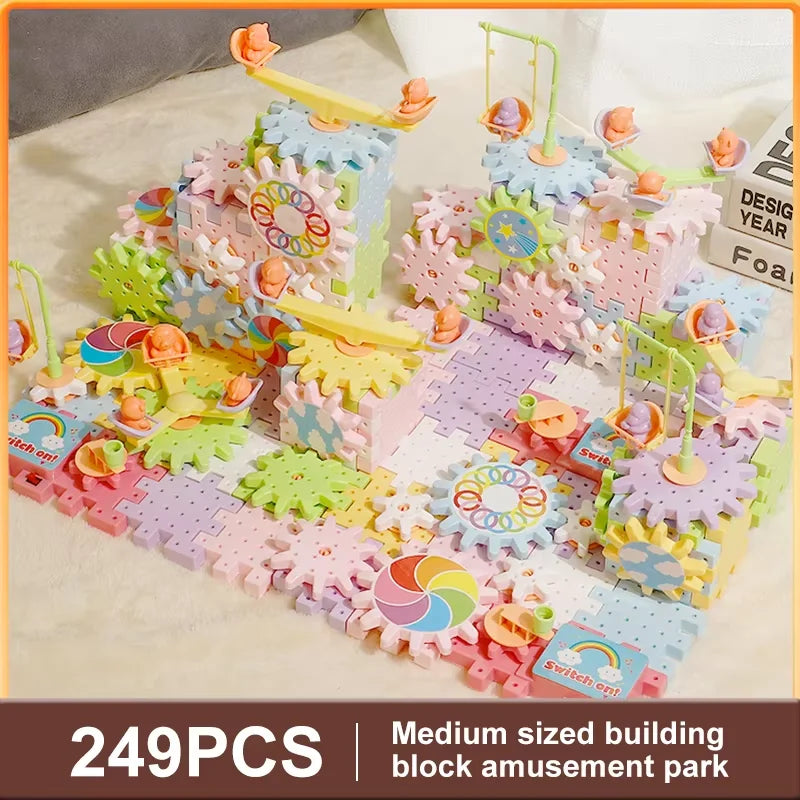 Electric Track Gears Building Blocks Puzzle Toy Model Plastic Kid House Educational Construction Toys for Children Birthday Gift