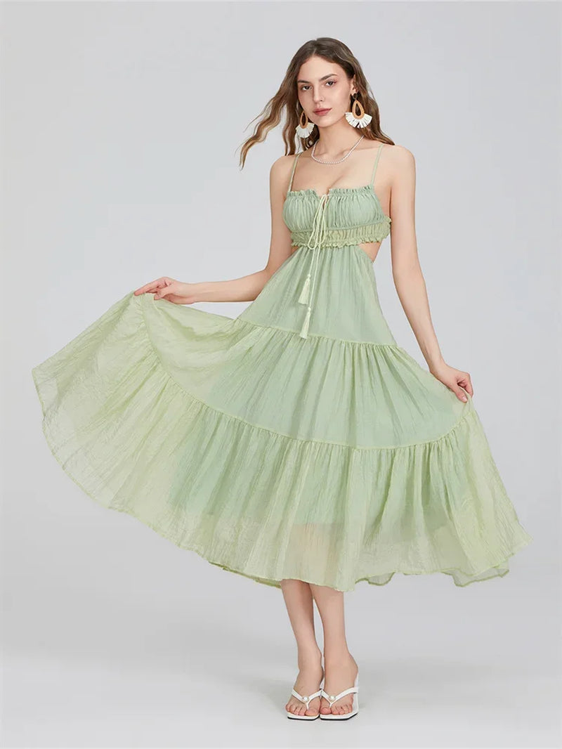 2024 Summer Women Flowy Long Dress Spaghetti Strap Cut Out Backless Ruffle A-Line Dress Bohemian Party Holiday Casual Sundress