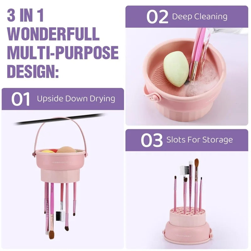 Makeup Brush Cleaner Mat 3 in 1 Silicone Washing Bowl with Brushes Scrubber Foldable Powder Puff Cosmetic Sponge Drying Tools