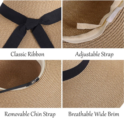 Sun Hats for Women UV Protection Wide Brim UPF 50 Foldable Floppy Straw Beach Hat with Strap