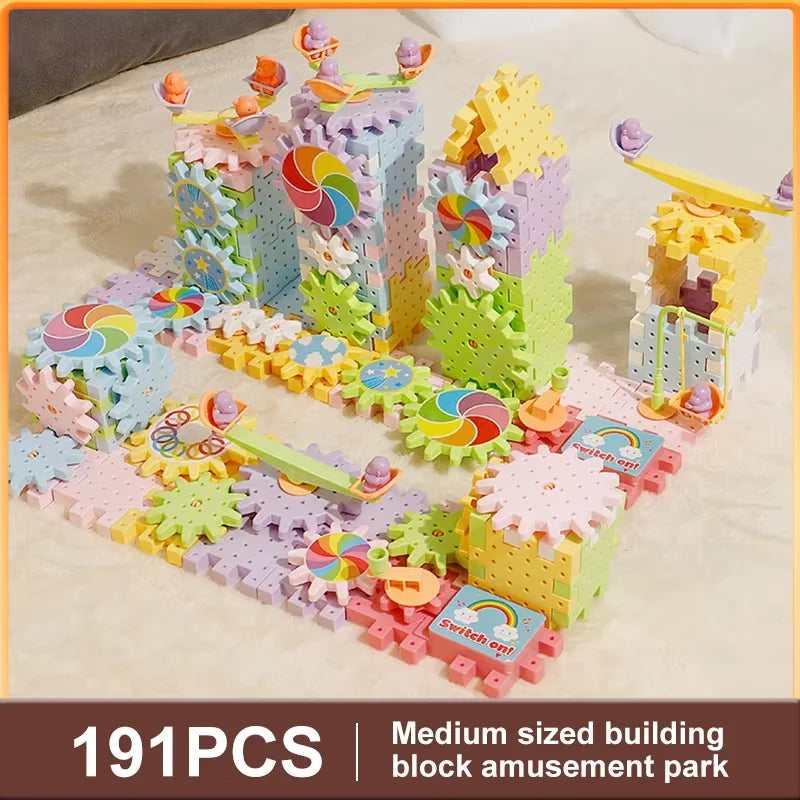 Electric Track Gears Building Blocks Puzzle Toy Model Plastic Kid House Educational Construction Toys for Children Birthday Gift