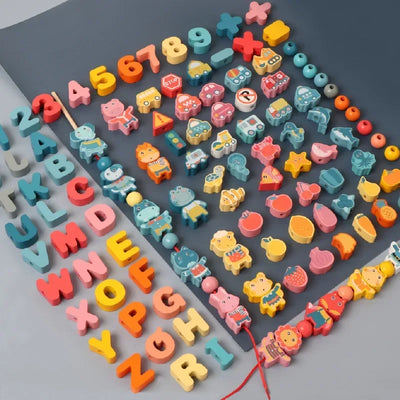 Kids Montessori Wooden Lacing Toy DIY Wooden Beads for Children Cartoon Animals Fruit Letter Digital Beads Threading Toys Gifts