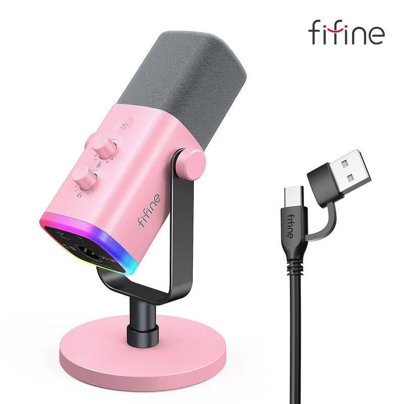 FIFINE AM8 XLR/USB Gaming Microphone for Podcast Recording, Dynamic RGB Mic with Quick Mute, Headphone Jack, Gain Knob, Volume Control, Desktop Mic for PC Gamer, XLR Mic for Audio Interface Mixer, for Smartphone