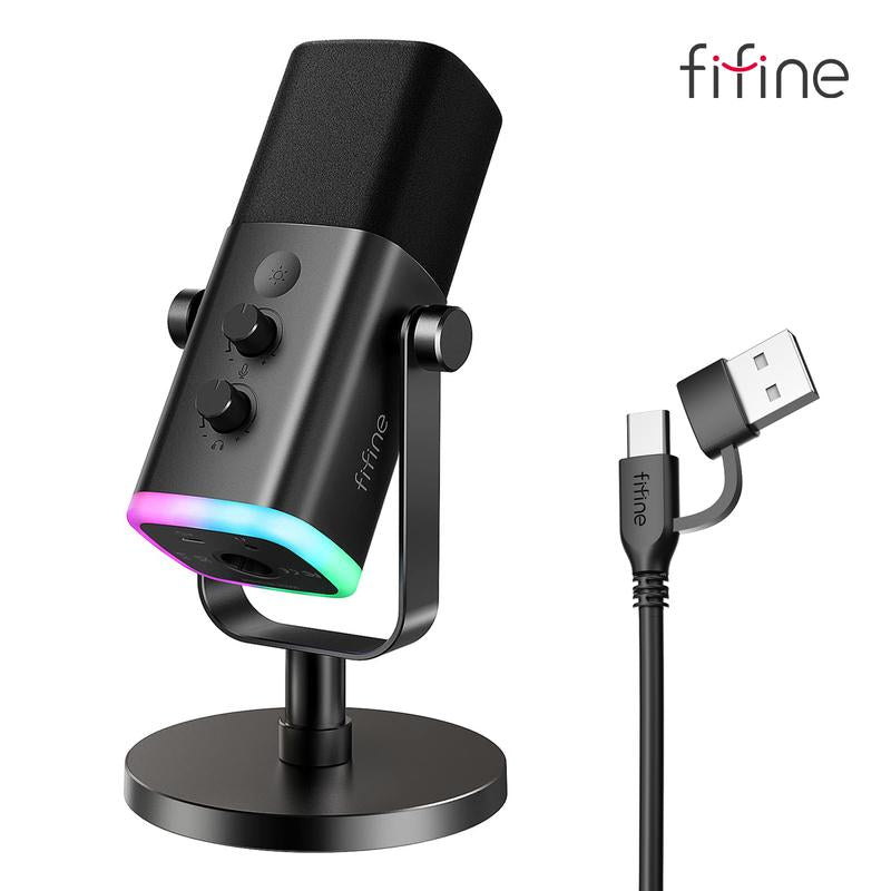FIFINE AM8 XLR/USB Gaming Microphone for Podcast Recording, Dynamic RGB Mic with Quick Mute, Headphone Jack, Gain Knob, Volume Control, Desktop Mic for PC Gamer, XLR Mic for Audio Interface Mixer, for Smartphone