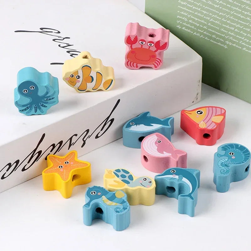 Kids Montessori Wooden Lacing Toy DIY Wooden Beads for Children Cartoon Animals Fruit Letter Digital Beads Threading Toys Gifts