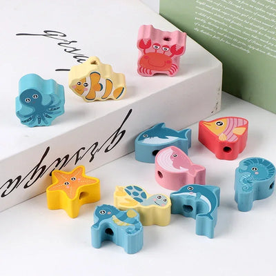 Kids Montessori Wooden Lacing Toy DIY Wooden Beads for Children Cartoon Animals Fruit Letter Digital Beads Threading Toys Gifts