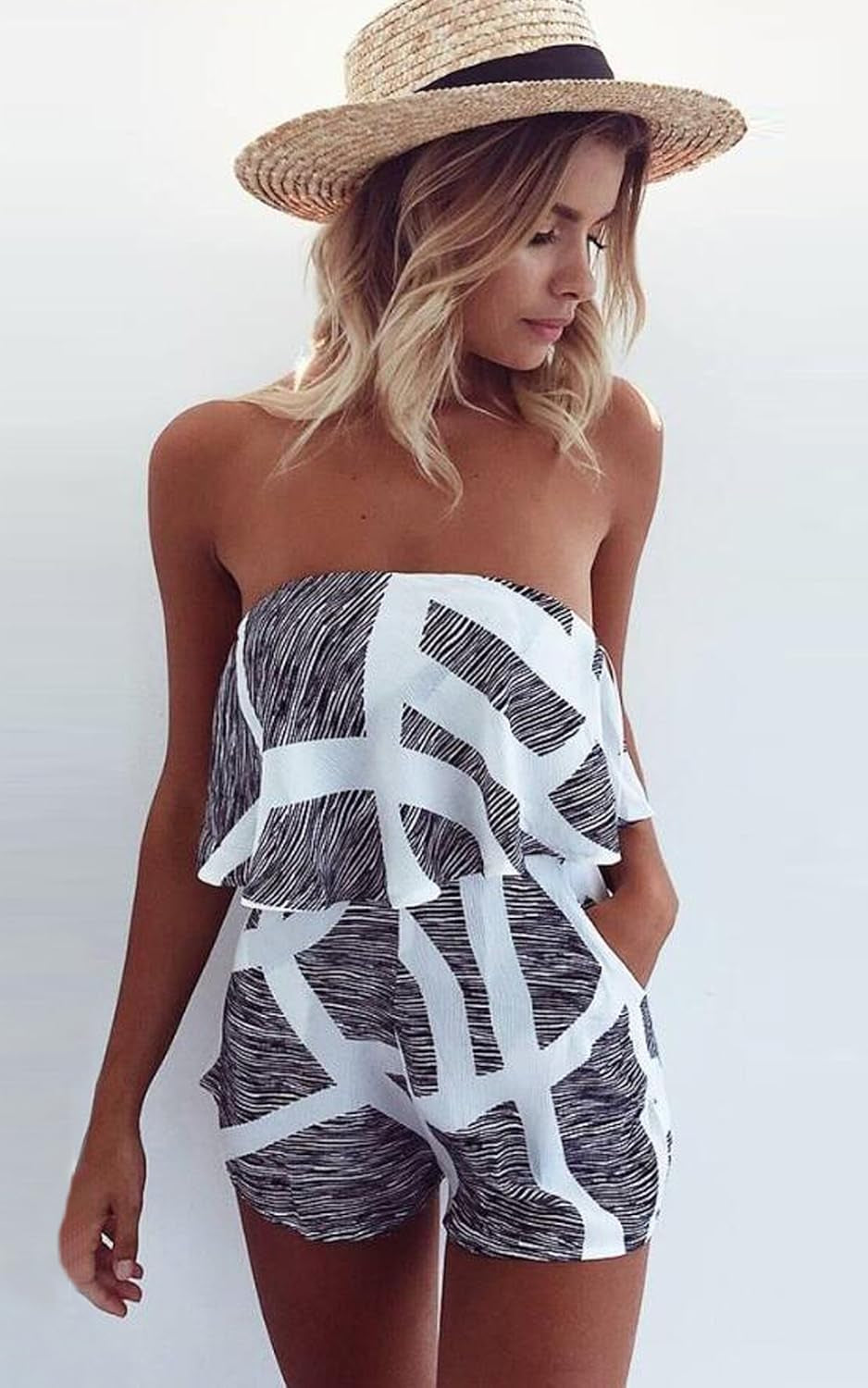 Women off Shoulder Romper Strapless Floral Print Striped Beach Shorts Jumpsuit