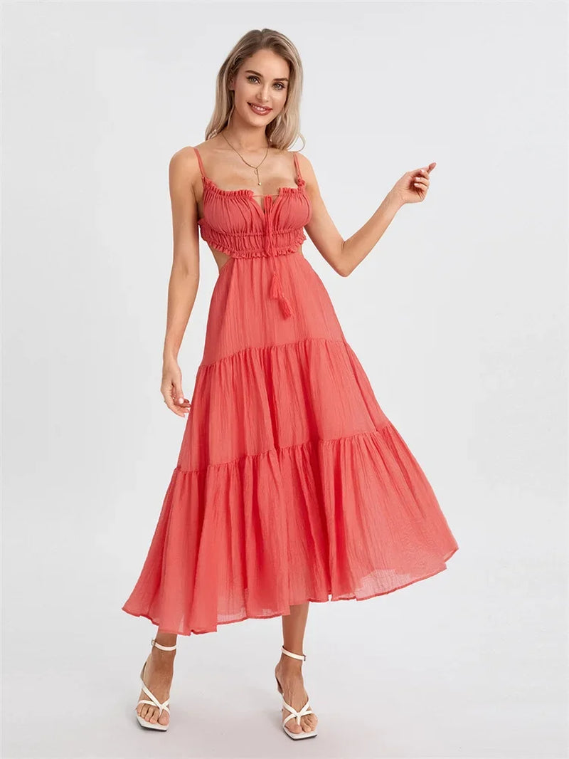 2024 Summer Women Flowy Long Dress Spaghetti Strap Cut Out Backless Ruffle A-Line Dress Bohemian Party Holiday Casual Sundress