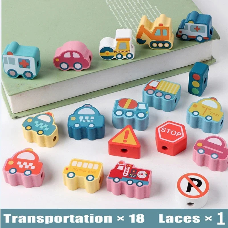 Kids Montessori Wooden Lacing Toy DIY Wooden Beads for Children Cartoon Animals Fruit Letter Digital Beads Threading Toys Gifts