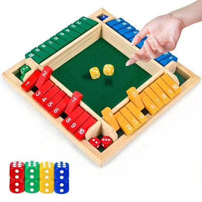 Classic 4 Sided Wooden Board Game with 2 Dice and Shut-The-Box Instructions, Classics Tabletop Version and Pub Board Game