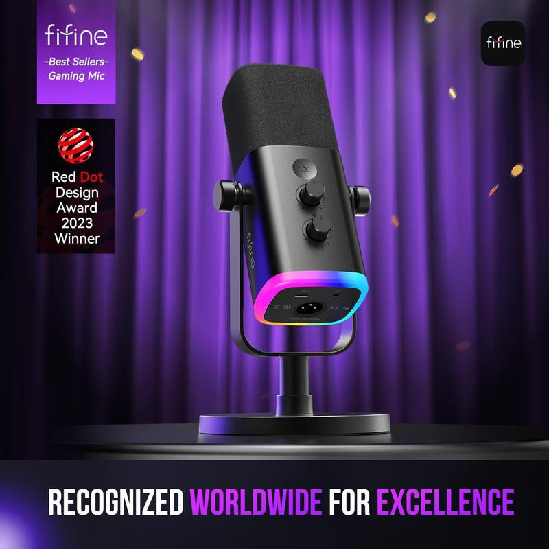 FIFINE AM8 XLR/USB Gaming Microphone for Podcast Recording, Dynamic RGB Mic with Quick Mute, Headphone Jack, Gain Knob, Volume Control, Desktop Mic for PC Gamer, XLR Mic for Audio Interface Mixer, for Smartphone