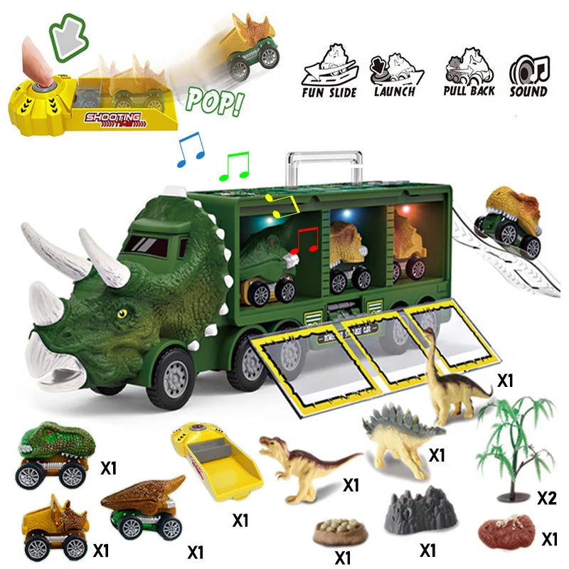Dinosaur Transport Toy Truck Pull Back Vehicles Dino Container Storage Car Model Lighting Music Kids Boys Children Birthday Gift