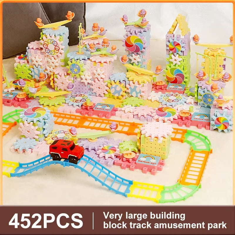 Electric Track Gears Building Blocks Puzzle Toy Model Plastic Kid House Educational Construction Toys for Children Birthday Gift