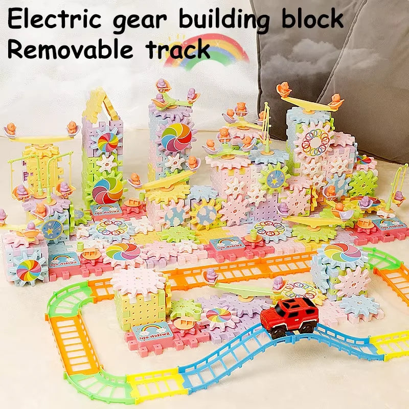 Electric Track Gears Building Blocks Puzzle Toy Model Plastic Kid House Educational Construction Toys for Children Birthday Gift