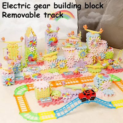 Electric Track Gears Building Blocks Puzzle Toy Model Plastic Kid House Educational Construction Toys for Children Birthday Gift