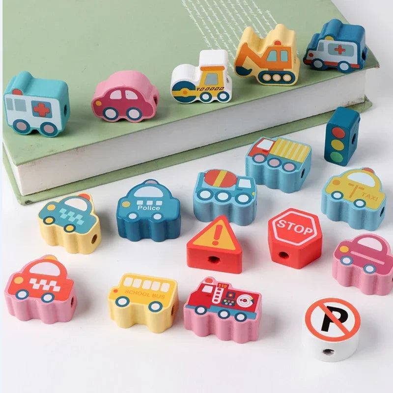 Kids Montessori Wooden Lacing Toy DIY Wooden Beads for Children Cartoon Animals Fruit Letter Digital Beads Threading Toys Gifts