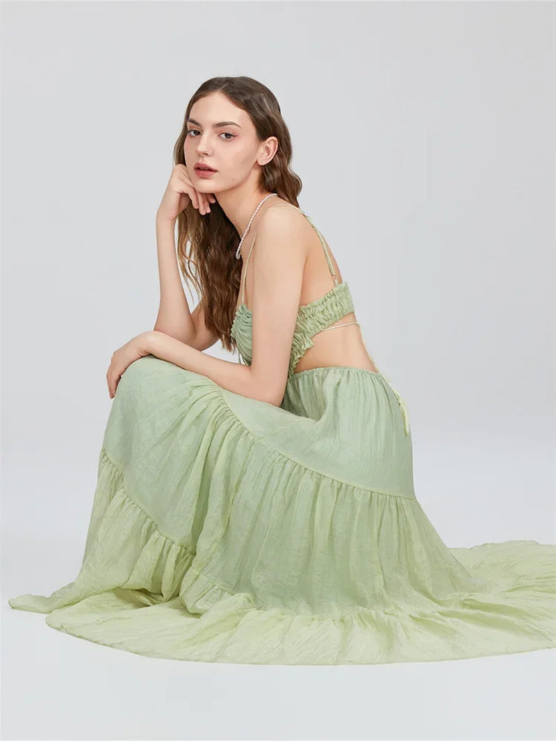 2024 Summer Women Flowy Long Dress Spaghetti Strap Cut Out Backless Ruffle A-Line Dress Bohemian Party Holiday Casual Sundress