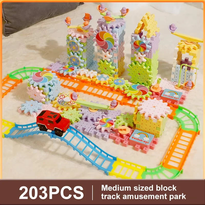Electric Track Gears Building Blocks Puzzle Toy Model Plastic Kid House Educational Construction Toys for Children Birthday Gift