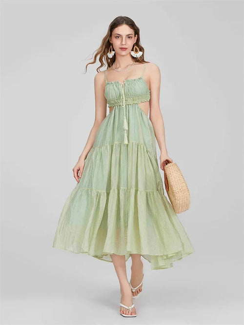 2024 Summer Women Flowy Long Dress Spaghetti Strap Cut Out Backless Ruffle A-Line Dress Bohemian Party Holiday Casual Sundress