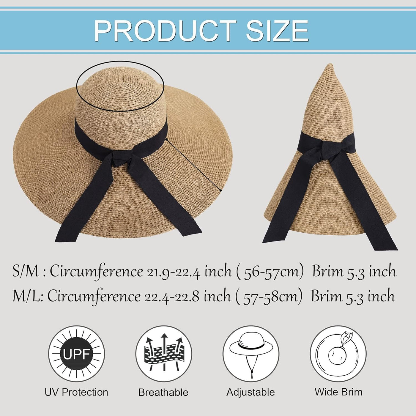 Sun Hats for Women UV Protection Wide Brim UPF 50 Foldable Floppy Straw Beach Hat with Strap
