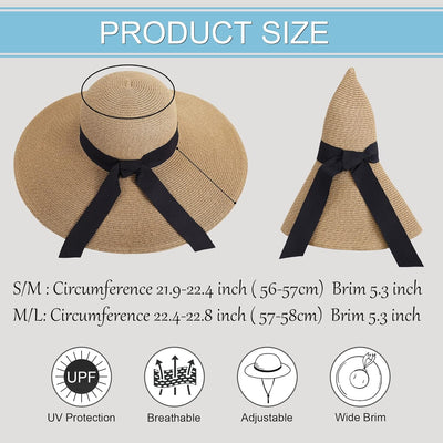 Sun Hats for Women UV Protection Wide Brim UPF 50 Foldable Floppy Straw Beach Hat with Strap
