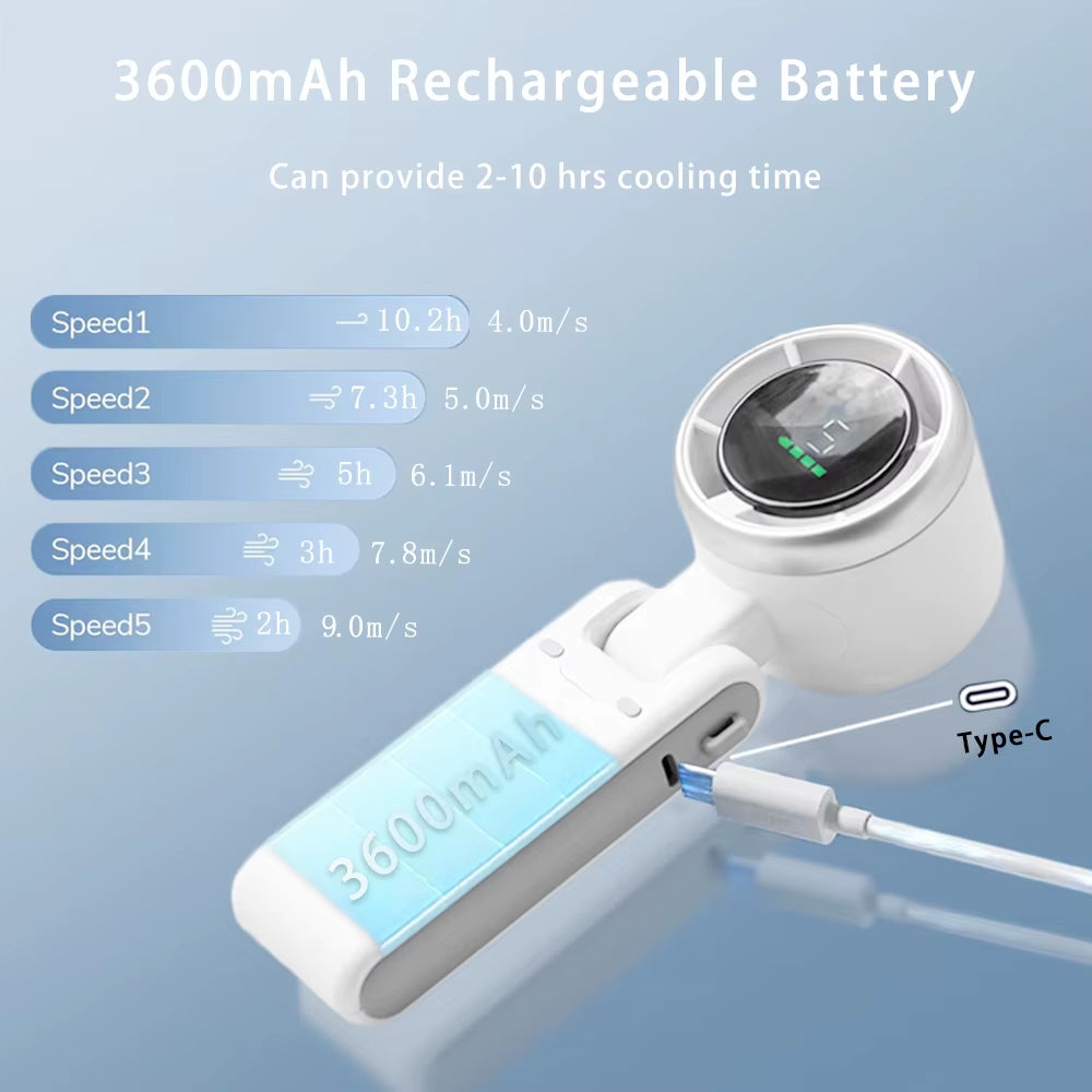 Portable Turbo Fan Mini Hanging Neck Fan 3600Mah USB Rechargeable Handheld Air Cooling Fan with 5 Gear for Summer Handheld Fan