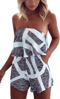 Women off Shoulder Romper Strapless Floral Print Striped Beach Shorts Jumpsuit