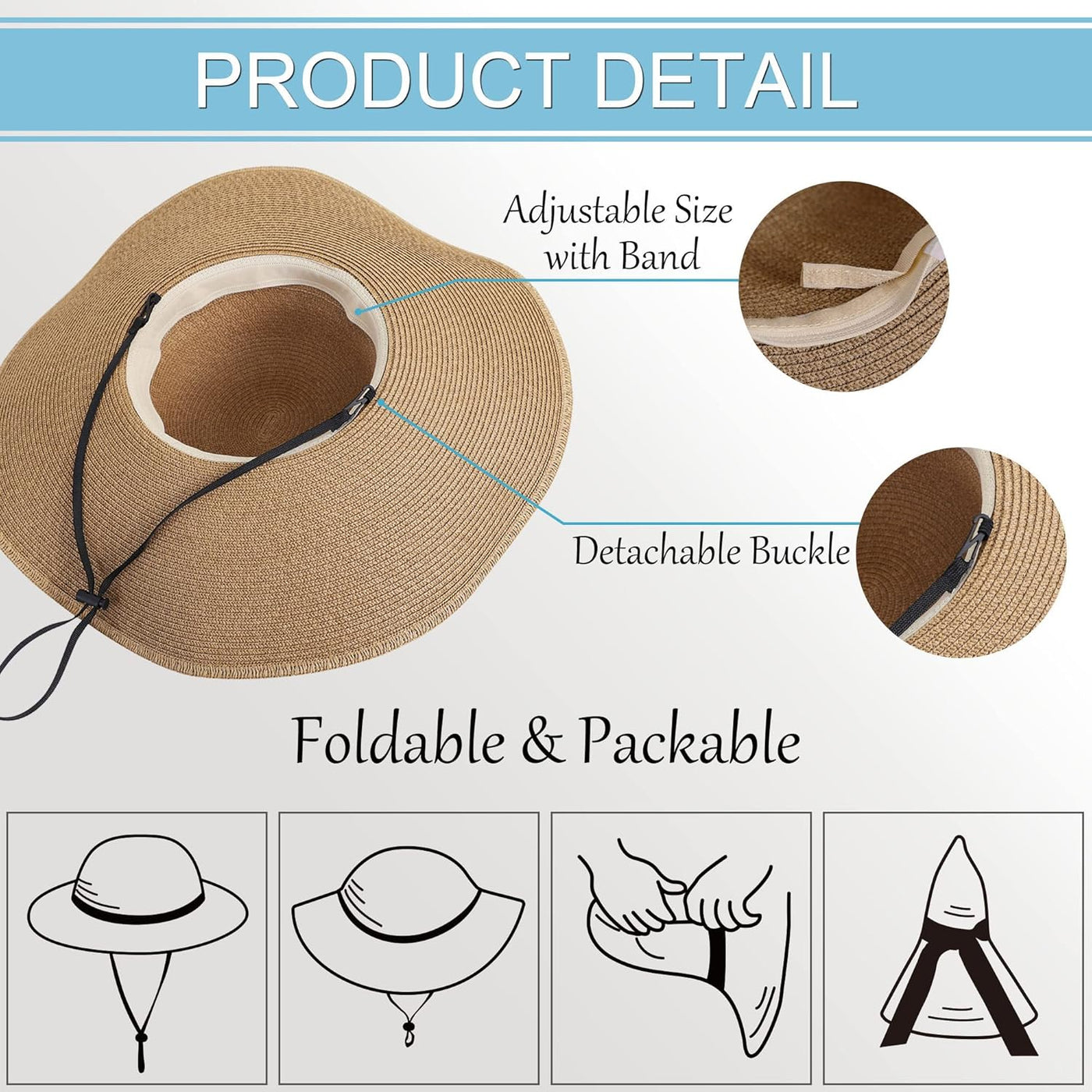 Sun Hats for Women UV Protection Wide Brim UPF 50 Foldable Floppy Straw Beach Hat with Strap