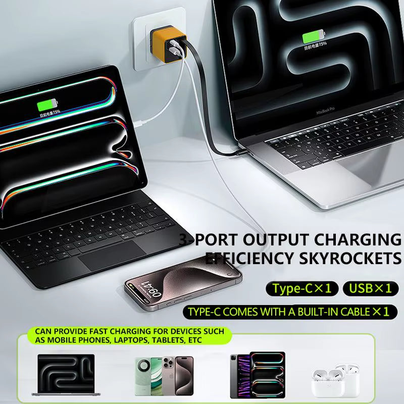 3 in 1 Gan Charger Retractable 80W MAX Fast Charger Block with Type-C Cable 2USB Ports Portable Adapter Mobile Phone Charger New