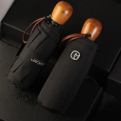 -Compact Pocket Mini Umbrella, Wood Handle, Windproof, UV Folding, Women, Kids, Men
