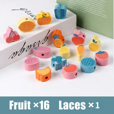 Kids Montessori Wooden Lacing Toy DIY Wooden Beads for Children Cartoon Animals Fruit Letter Digital Beads Threading Toys Gifts