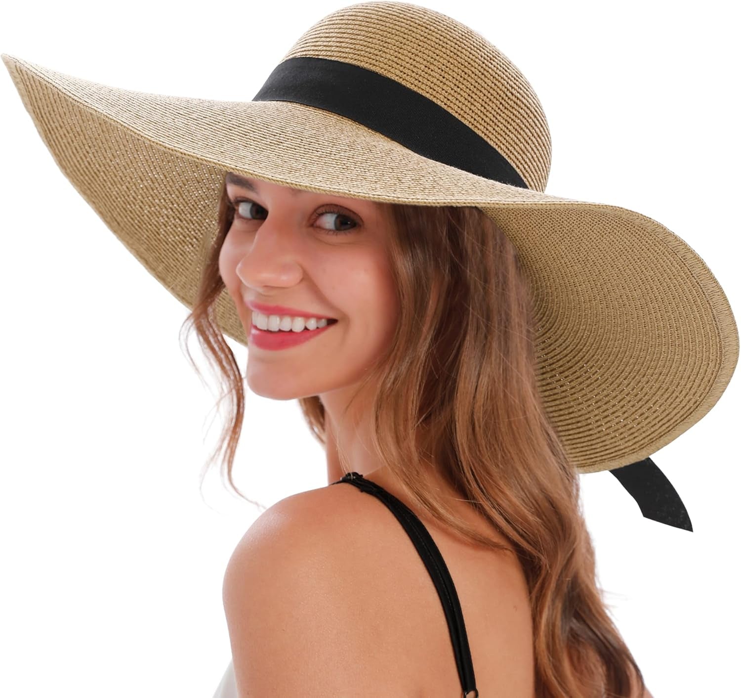 Sun Hats for Women UV Protection Wide Brim UPF 50 Foldable Floppy Straw Beach Hat with Strap