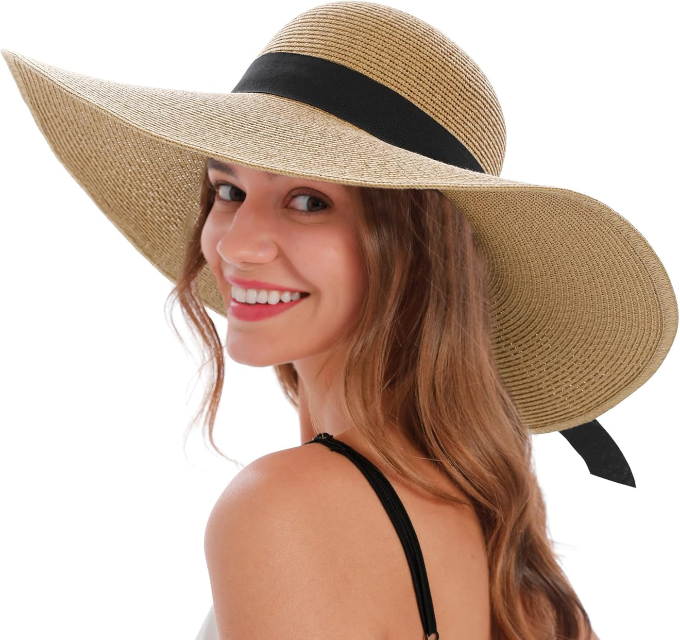 Sun Hats for Women UV Protection Wide Brim UPF 50 Foldable Floppy Straw Beach Hat with Strap