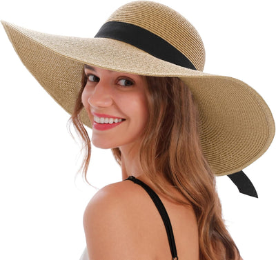 Sun Hats for Women UV Protection Wide Brim UPF 50 Foldable Floppy Straw Beach Hat with Strap